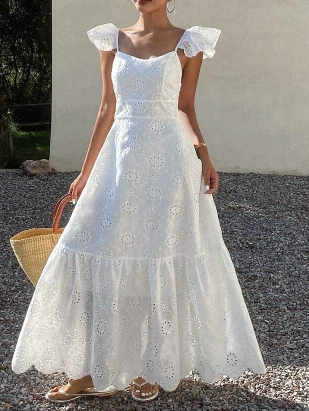 New Embroidered Eyelet Lace Ruffle Sleeve Cami Maxi Dress White - Picture 5 of 9